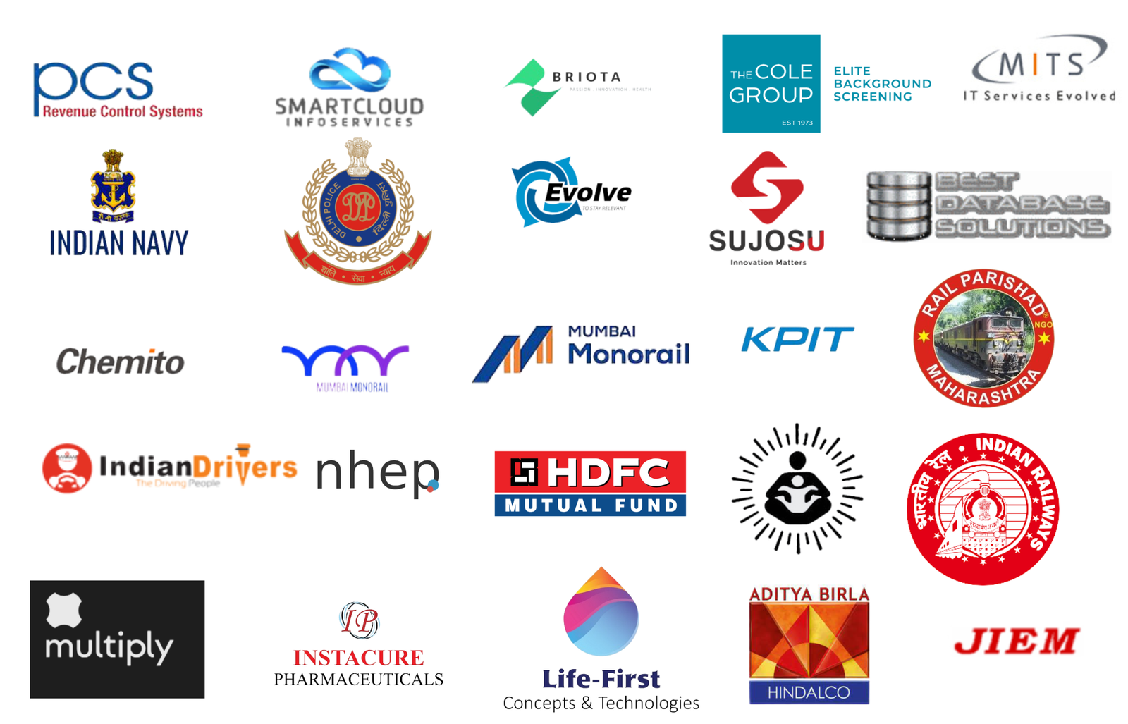 Client logos including government, defense, railway, healthcare and financial services organizations