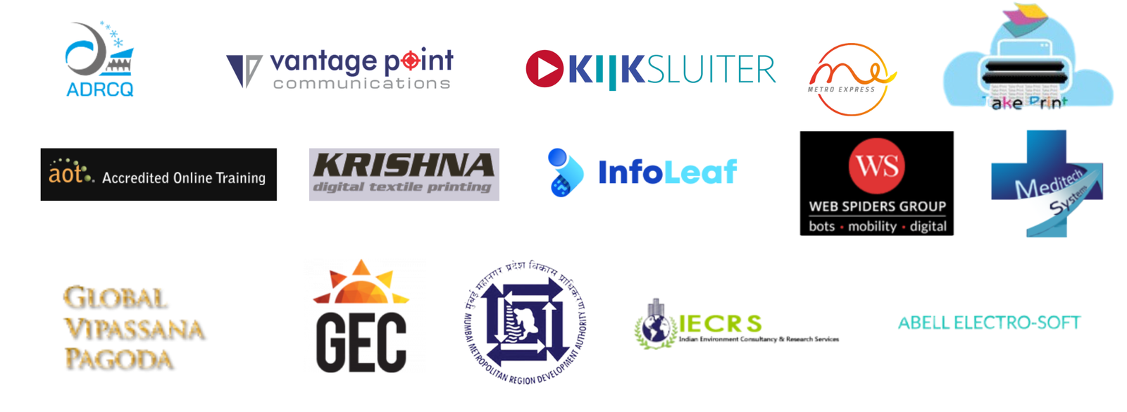 Client logos including technology, transport, environment and training organizations