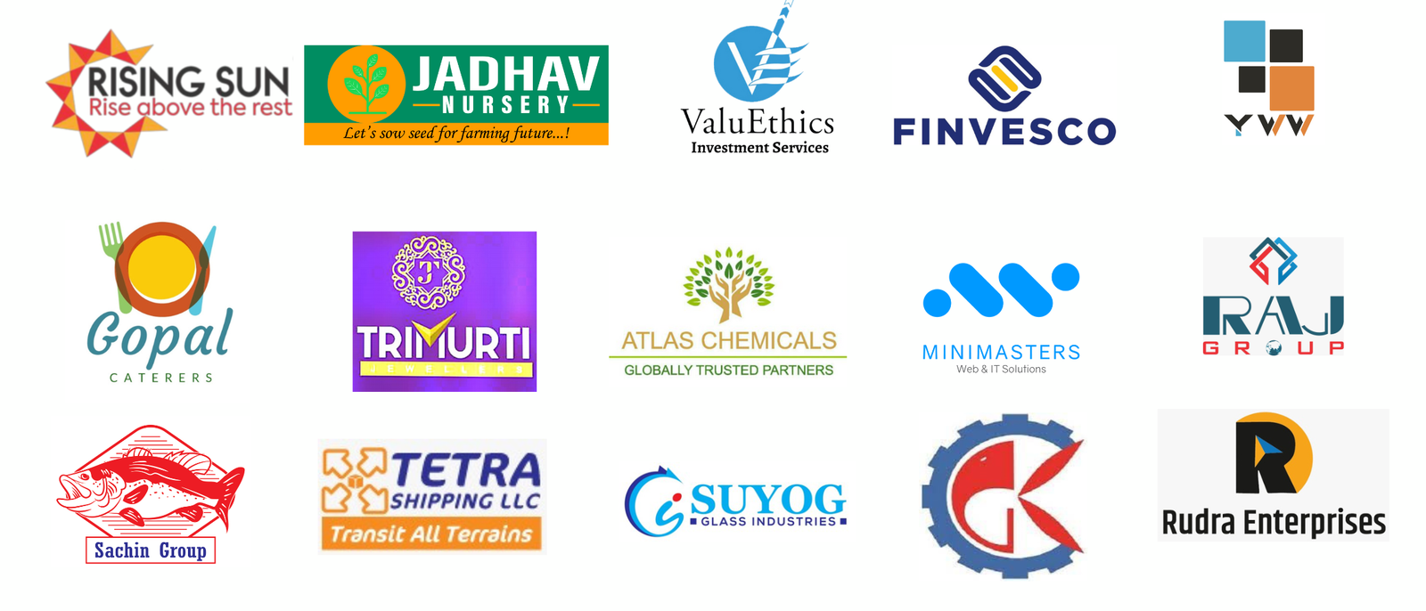 Client logos including business services, manufacturing, shipping and retail organizations